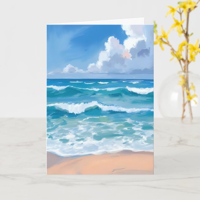 Carte Vagues de l'océan bleu | Aquarelle de mer de plage (Fleur jaune)