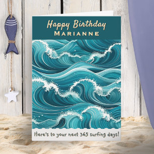 Carte Vagues océaniques Surf Nom personnalisé Joyeux Ann