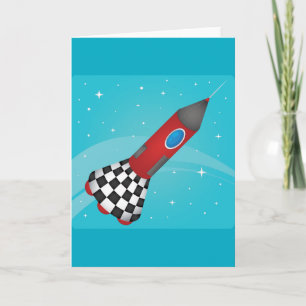 Carte Vaisseau Fusée Rouge Rétro dans l'Espace Galactiqu