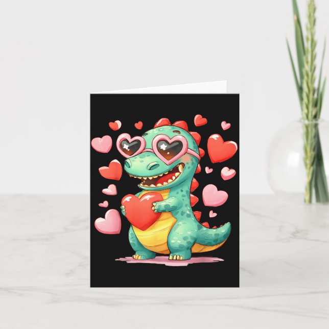 Carte Valentin Dinosaure Trex Tenant Coeur Fille Soleil  (Devant)