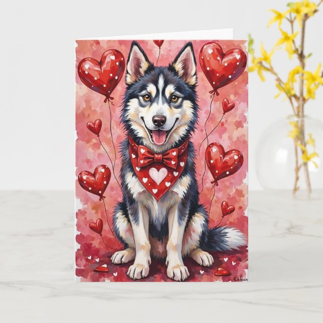 Carte Valentin Husky Sibérien Chien Assis avec des Cœurs (Fleur jaune)