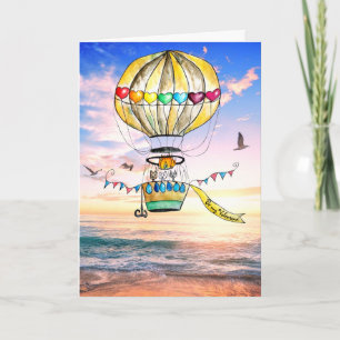 Carte Valentine ballon de plage aquarelle chats arc-en-c