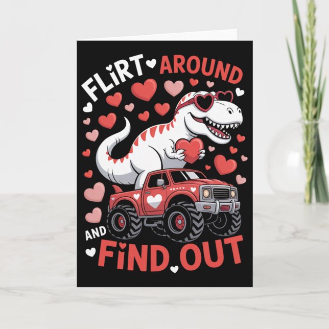 Carte Valentine Dinosaur Monster Truck Flirte Autour Et  (Devant)