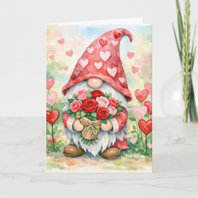 Carte Valentine Gnome with Red Roses (Devant)