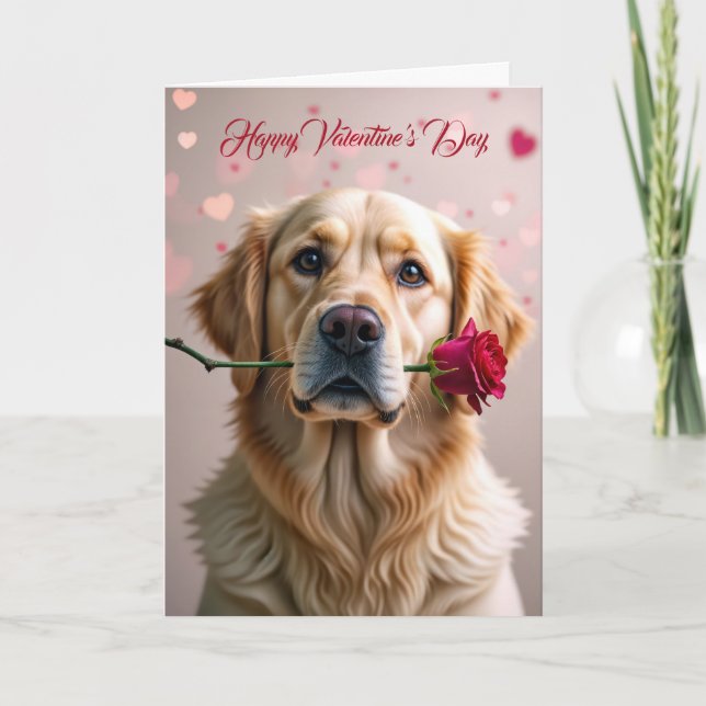 Carte Valentine Golden Retriever avec Rose (Devant)