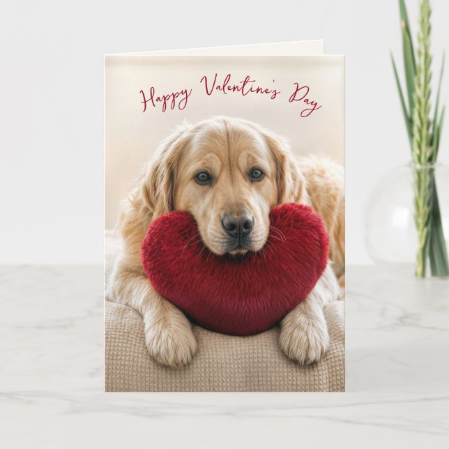 Carte Valentine Golden Retriever with Heart Pillow (Devant)