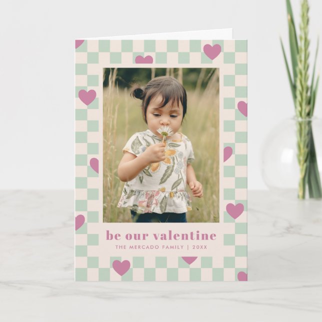 Carte Valentine Mint Purple Checkerboard Hearts (Devant)