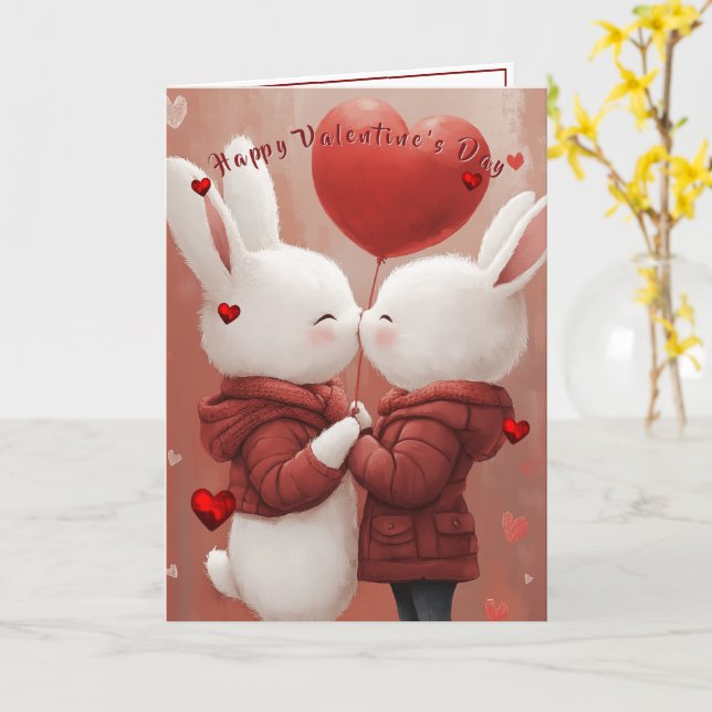 Carte Valentine's Day Card Bunnies Red Hearts  (Fleur jaune)