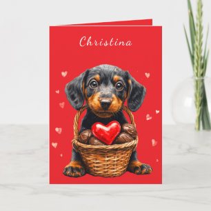 Carte Valentines Day Chiot rose Coeurs Chocolat Panier