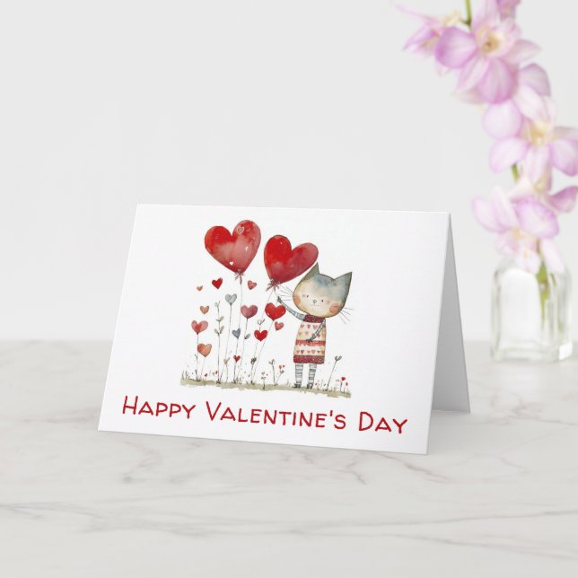 Carte Valentines Jour Cute Chat Coeurs Aquarelle (Orchidée)