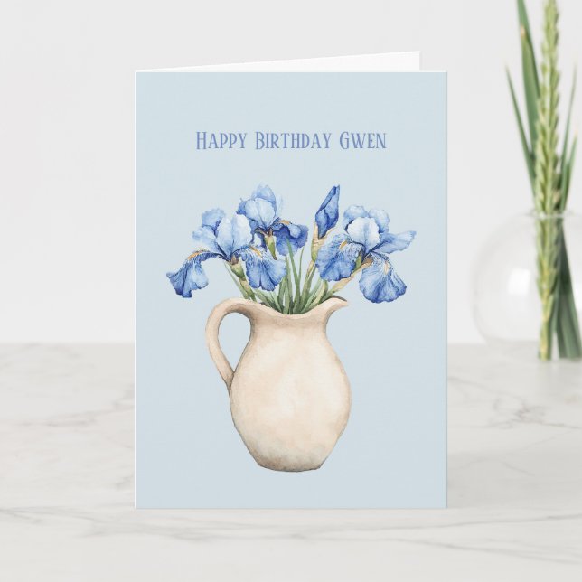 Carte Vase Crème Fleurs Iris Violets Anniversaire (Devant)
