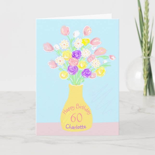 Carte vase de fleurs rose et violet pour 60 ans (Devant)