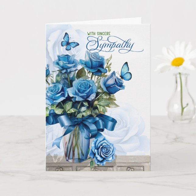 Carte Vase of Blue Roses with Butterflies Sympathy (Petite plante)