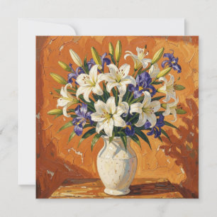 Carte Vase rustique avec lys et fleurs d'iris