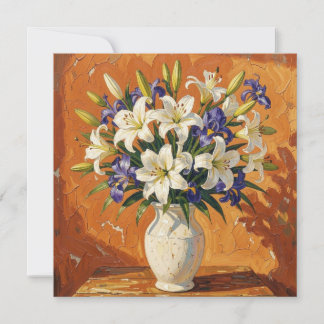 Carte Vase rustique avec lys et fleurs d'iris