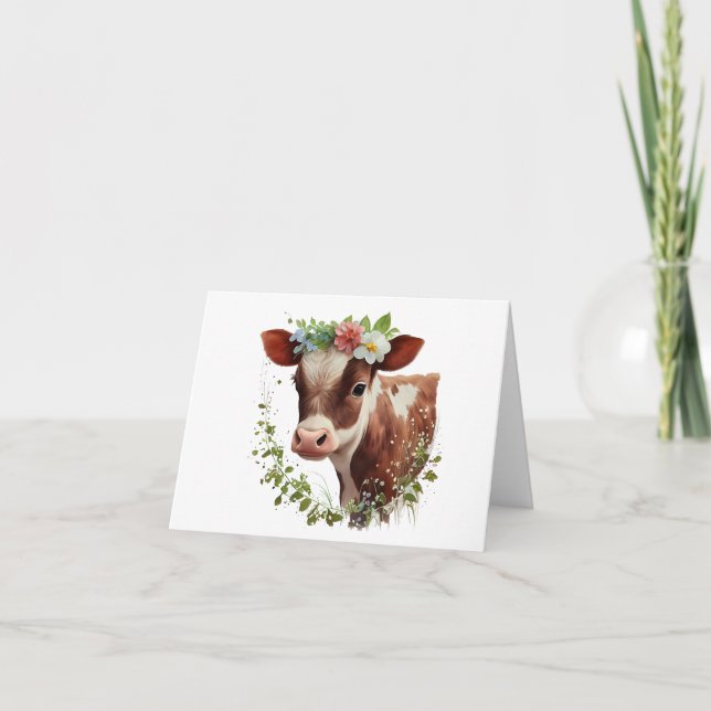 Carte Veau de vache avec fleurs sur tête BLANC (Devant)