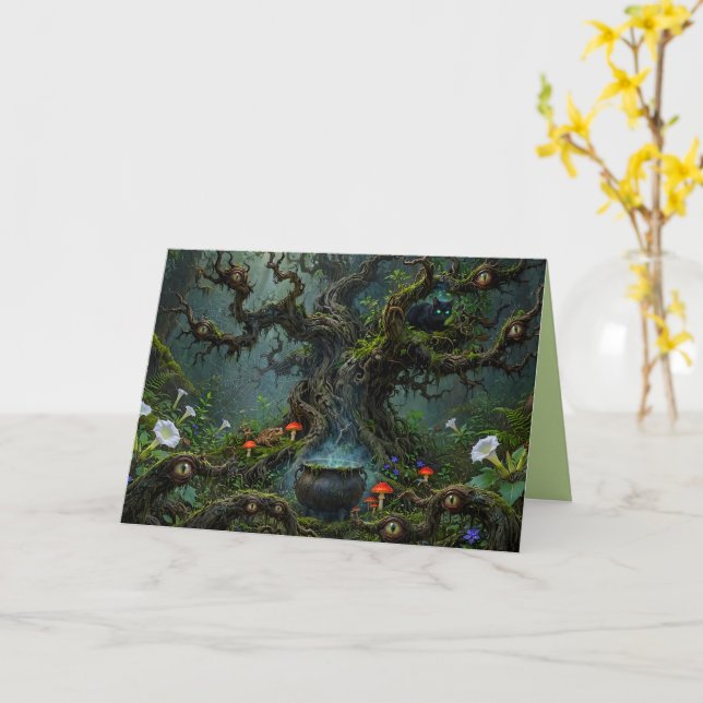 Carte Veilleurs dans Chaudron de chat en bois de sorcièr (Fleur jaune)