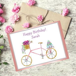 Carte Vélo d'anniversaire à l'aquarelle avec fleurs et g