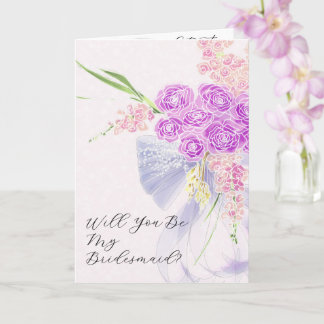 Carte Vendretti Bleu Ruban et Bouquet sur Rose Blush