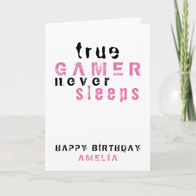 Carte Véritable Joueuse Typographie Rose Fête de Gamer F (Devant)