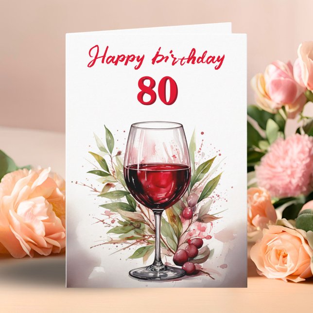 Carte Verre à vin rouge aquarelle rustique 80e anniversa (Créateur téléchargé)