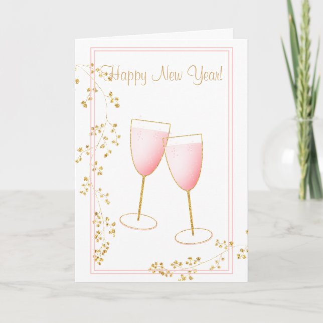 Carte Verre de Champagne Rose Blush et Or Nouvel An (Devant)