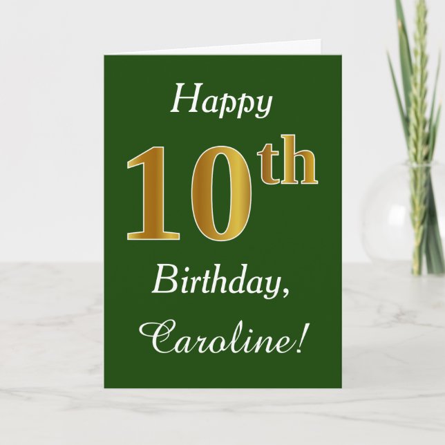 Carte Vert, Faux Gold 10e anniversaire + Nom personnalis (Devant)