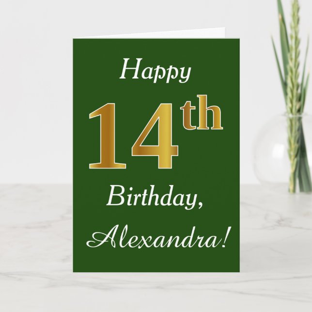 Carte Vert, Faux Gold 14e anniversaire + Nom personnalis (Devant)