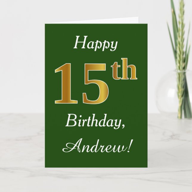 Carte Vert, Faux Gold 15e anniversaire + Nom personnalis (Devant)