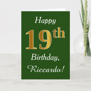 Carte Vert, Faux Gold 19e anniversaire + Nom personnalis