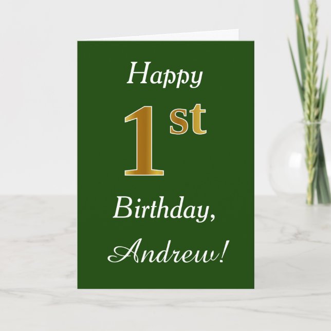 Carte Vert, Faux Gold 1er anniversaire + Nom personnalis (Devant)