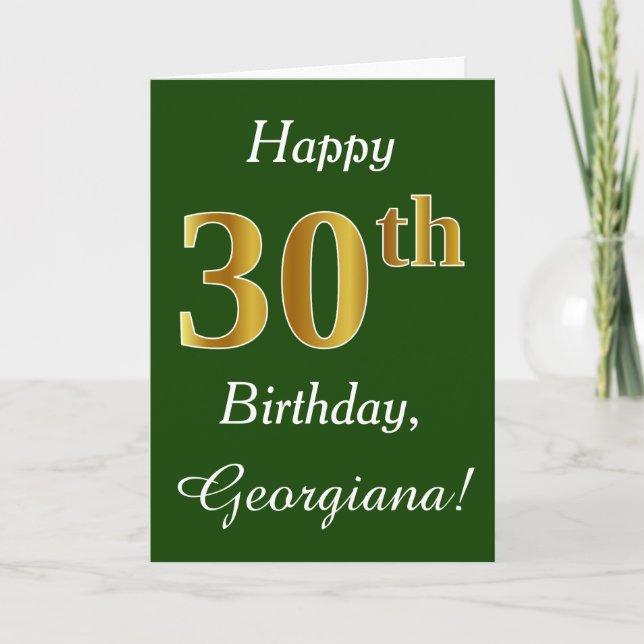 Carte Vert, Faux Gold 30e anniversaire + Nom personnalis (Devant)