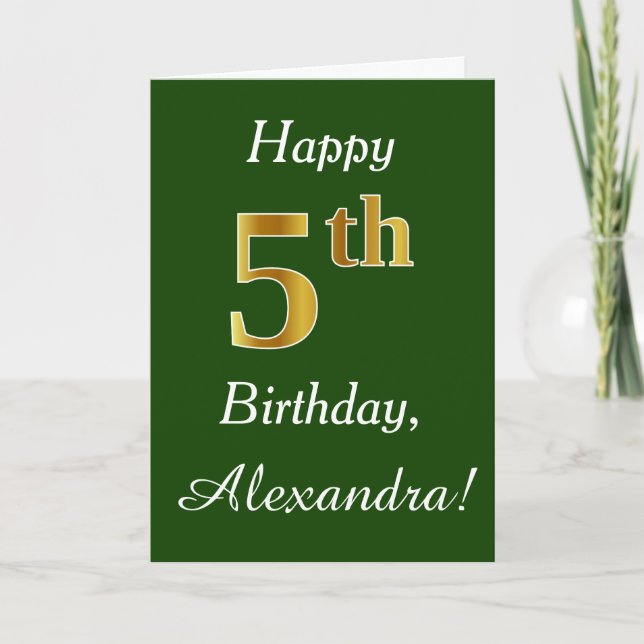 Carte Vert, Faux Gold 5e anniversaire + Nom personnalisé (Devant)