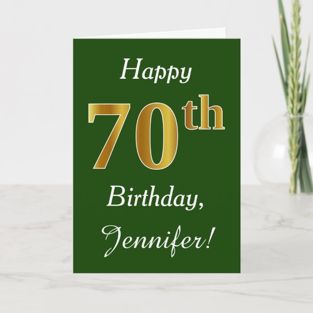 Carte Vert, Faux Gold 70e anniversaire + Nom personnalis (Devant)