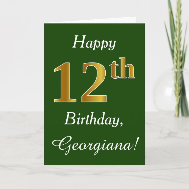 Carte Vert, Faux Or 12e Anniversaire + Nom Personnalisé (Devant)