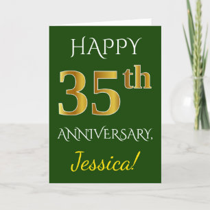 Carte Vert, Faux Or 35e Anniversaire de Mariage + Nom