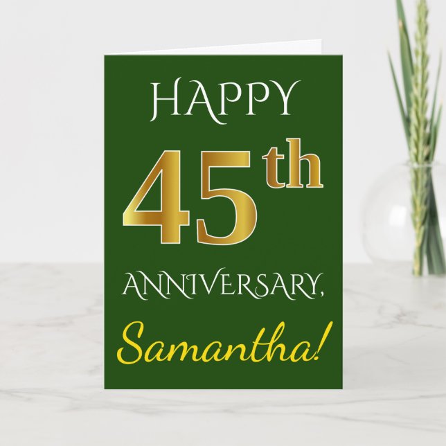 Carte Vert, Faux Or 45e Anniversaire De Mariage + Nom (Devant)