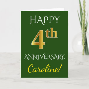 Carte Vert, Faux Or 4ème Anniversaire De Mariage + Nom