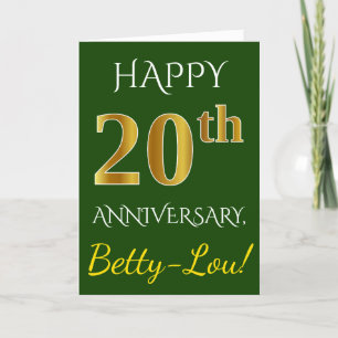 Carte Vert, Or Faux 20e Anniversaire de Mariage + Nom