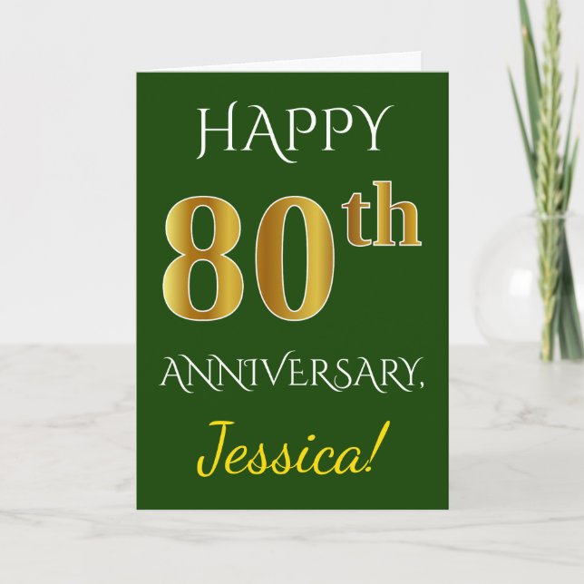 Carte Vert, Or Faux 80e Anniversaire de Mariage + Nom (Devant)