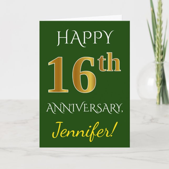 Carte Vert, Or Imitation 16e Anniversaire de Mariage + N (Devant)