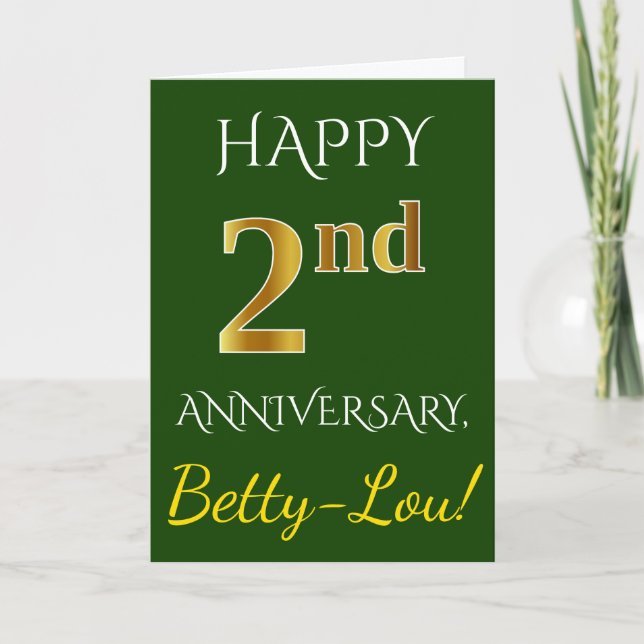 Carte Vert, Or Imitation 2e Anniversaire de Mariage + No (Devant)