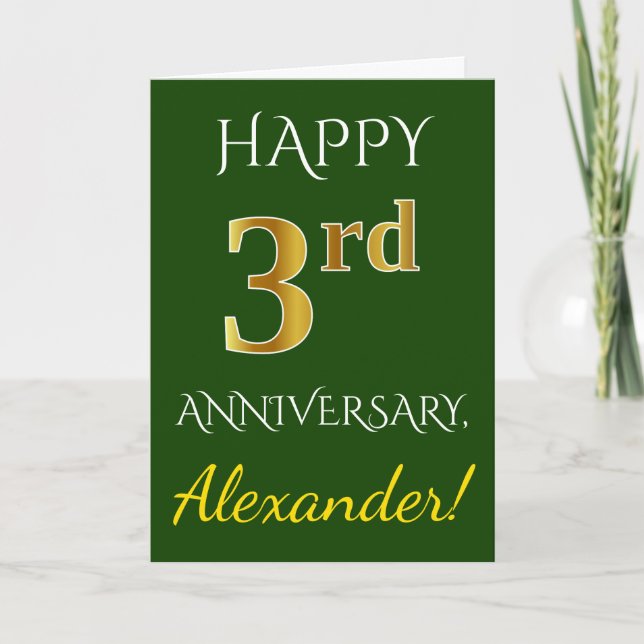Carte Vert, Or Imitation 3e Anniversaire de Mariage + No (Devant)