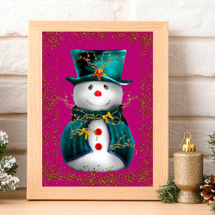 Carte Vert pailleté Noël bonhomme de neige rose en velou