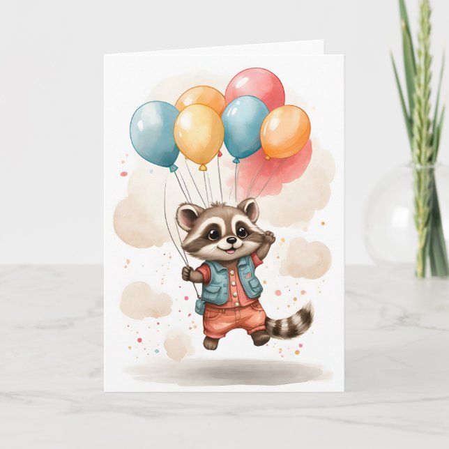 Carte Veste Raccoon Aquarelle Cute Ballons Blond (Devant)