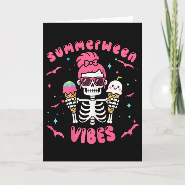 Carte Vibes de Summerween squelette Halloween été rose H (Devant)