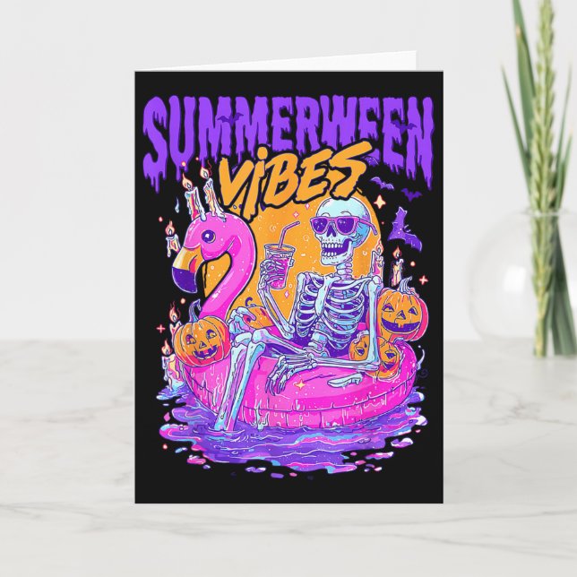 Carte Vibes de Summerween squelette hanté flamant rose P (Devant)