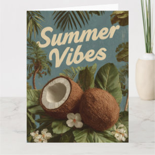 Carte Vibes d'été avec noix de coco et feuillage tropica