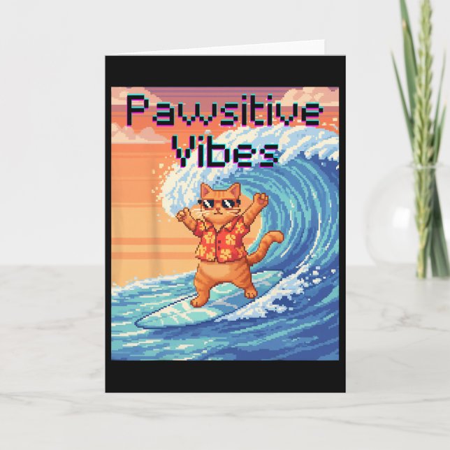 Carte Vibes Positives Chat Surfant - Vague d'Art Pixel (Devant)
