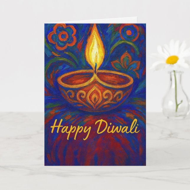 Carte Vibrant Diya Peint heureux Diwali Salutation (Petite plante)